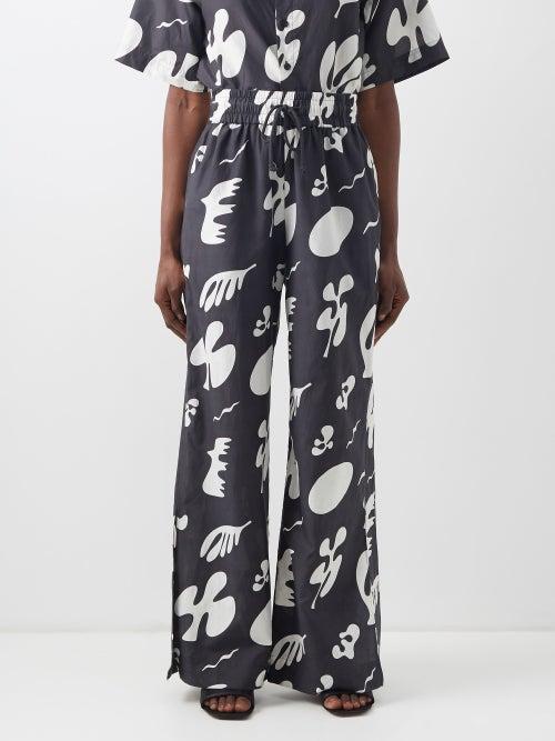 Frame - Slit-hem Cotton And Silk Blend Wide-leg Trousers - Womens - Black Multi