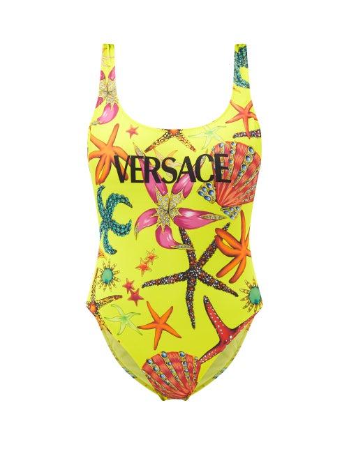 Matchesfashion.com Versace - Trsor De La Mer-print Scoop-neck Swimsuit - Womens - Yellow Multi