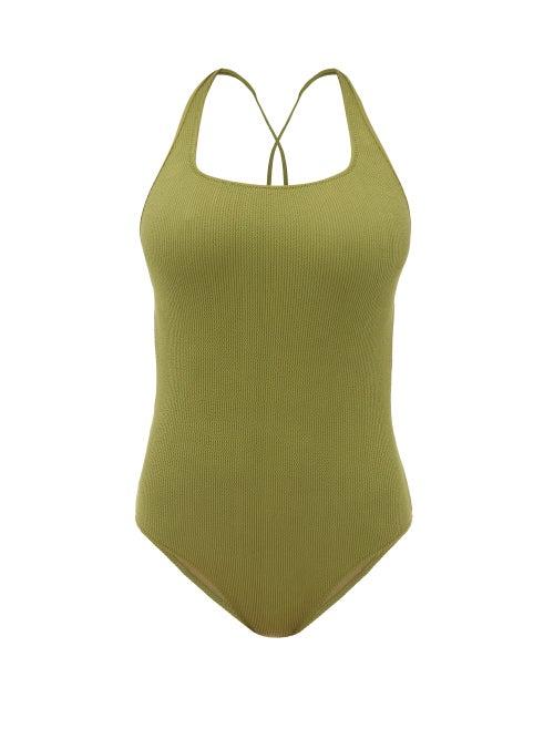 Matchesfashion.com Ganni - Crossover Back Ribbed Jersey Swimsuit - Womens - Khaki