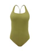 Matchesfashion.com Ganni - Crossover Back Ribbed Jersey Swimsuit - Womens - Khaki