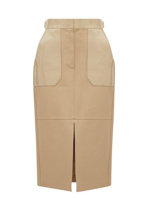 Matchesfashion.com Fendi - Panelled Leather Midi Skirt - Womens - Beige
