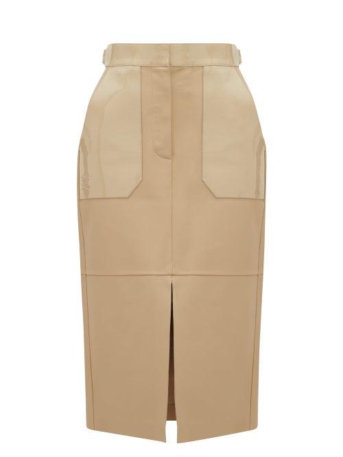 Matchesfashion.com Fendi - Panelled Leather Midi Skirt - Womens - Beige