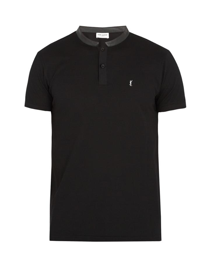 Saint Laurent Leather-collar Cotton-piqu Polo Shirt