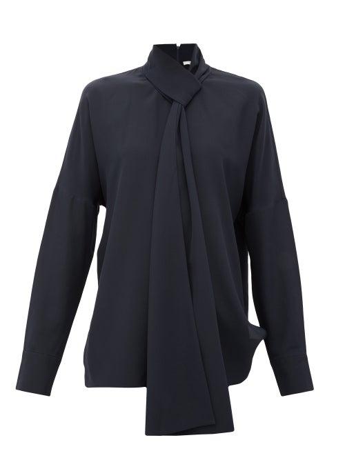 Matchesfashion.com Tibi - Pussy-bow Silk Crepe-de-chine Blouse - Womens - Navy