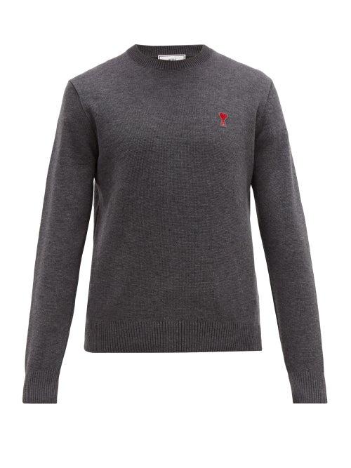 Matchesfashion.com Ami - Logo Appliqud Merino Wool Sweater - Mens - Grey