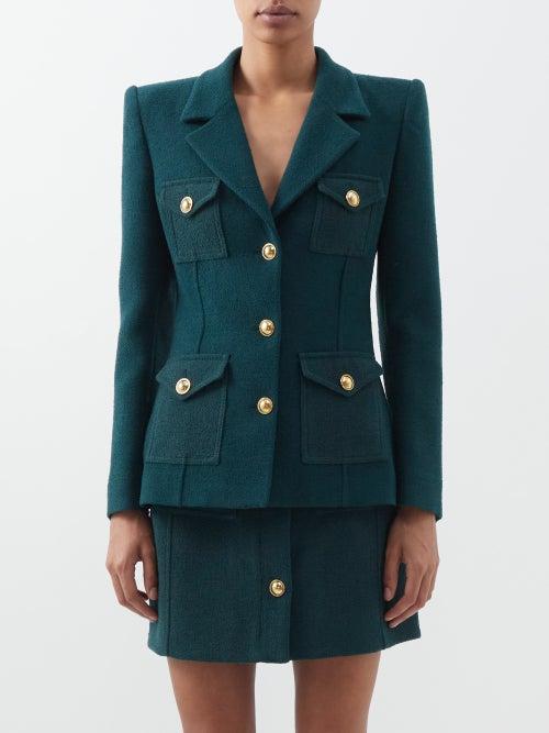 Alessandra Rich - Patch-pocket Wool-blend Boucl Suit Jacket - Womens - Dark Green