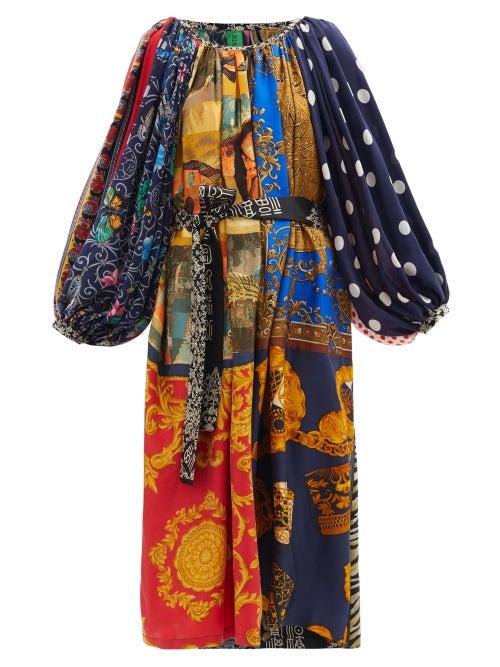 Matchesfashion.com Rianna + Nina - Patchwork Gathered-neck Vintage-silk Dress - Womens - Multi