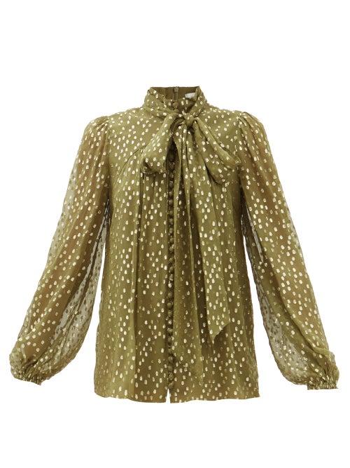 Zimmermann - Pussy-bow Metallic Fil Coup Blouse - Womens - Green Print
