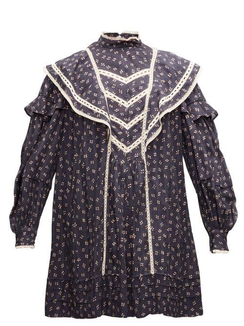 Matchesfashion.com Isabel Marant Toile - Rebel Ruffled Spot-print Satin Mini Dress - Womens - Navy Multi