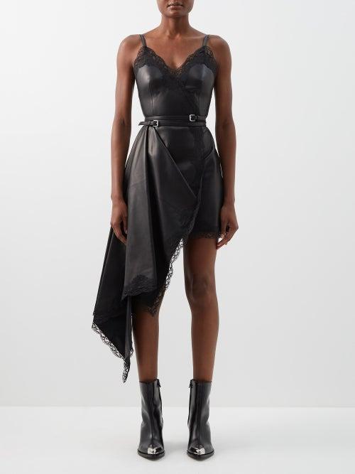 Alexander Mcqueen - Asymmetric Lace-trim Leather Mini Dress - Womens - Black