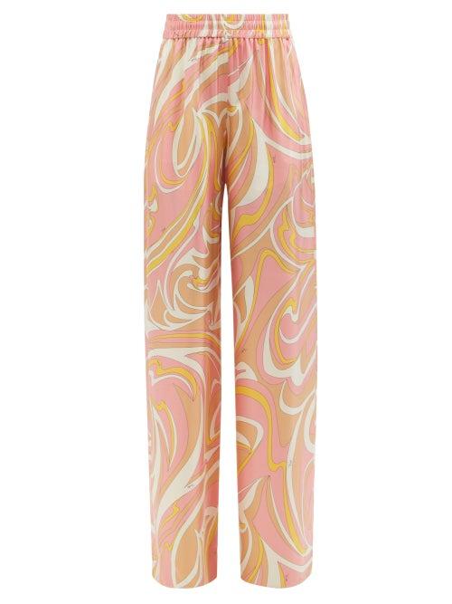Emilio Pucci - Vortici-print Silk Palazzo Trousers - Womens - Pink Print