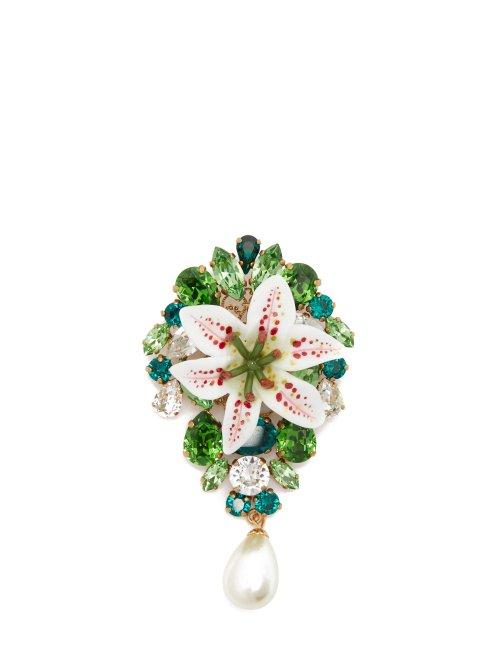 Matchesfashion.com Dolce & Gabbana - Crystal Embellished Lily And Pearl Brooch - Womens - Gold