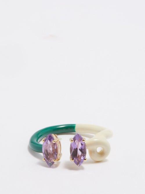 Bea Bongiasca - Double Baby Vine Amethyst, Enamel & 9kt Gold Ring - Womens - Green White