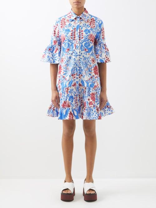 La Doublej - Choux Printed Cotton-poplin Mini Dress - Womens - Blue Multi