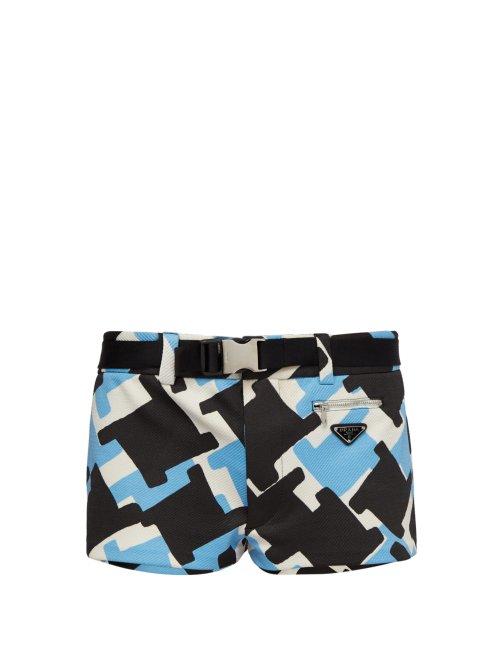 Matchesfashion.com Prada - Belted Houndstooth Technical Twill Swim Shorts - Mens - Blue Multi