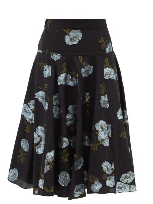 Erdem - Starla Floral Fil-coup Twill Skirt - Womens - Black Blue