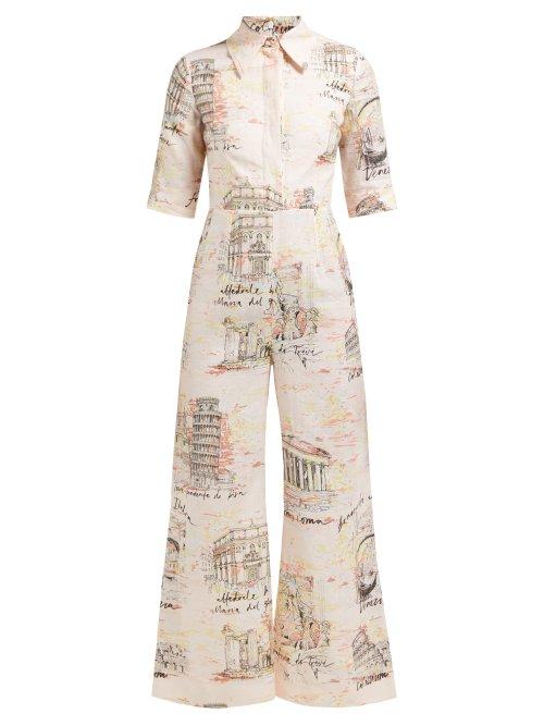 Matchesfashion.com Emilia Wickstead - Figaro Italy Print Poplin Jumpsuit - Womens - Pink Print