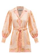 Ladies Beachwear Ale Mais - Ursula Scarf-print Linen Mini Shirt Dress - Womens - Pink