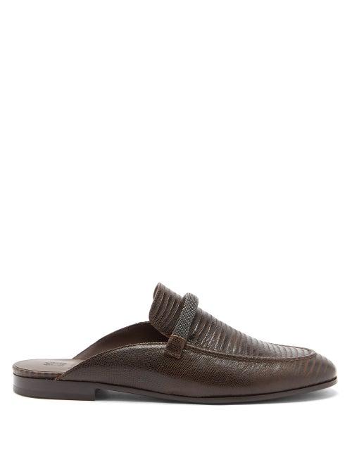 Matchesfashion.com Brunello Cucinelli - Beaded-bar Lizard-effect Leather Backless Loafers - Womens - Dark Brown