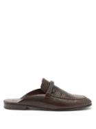 Matchesfashion.com Brunello Cucinelli - Beaded-bar Lizard-effect Leather Backless Loafers - Womens - Dark Brown