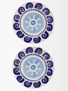 Emporio Sirenuse - Set Of Two Swirl Sun Painted Ceramic Plates - White Blue