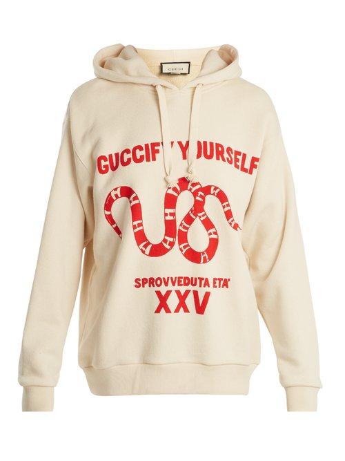 Matchesfashion.com Gucci - Snake Print Cotton Jersey Hooded Sweatshirt - Womens - Ivory Multi
