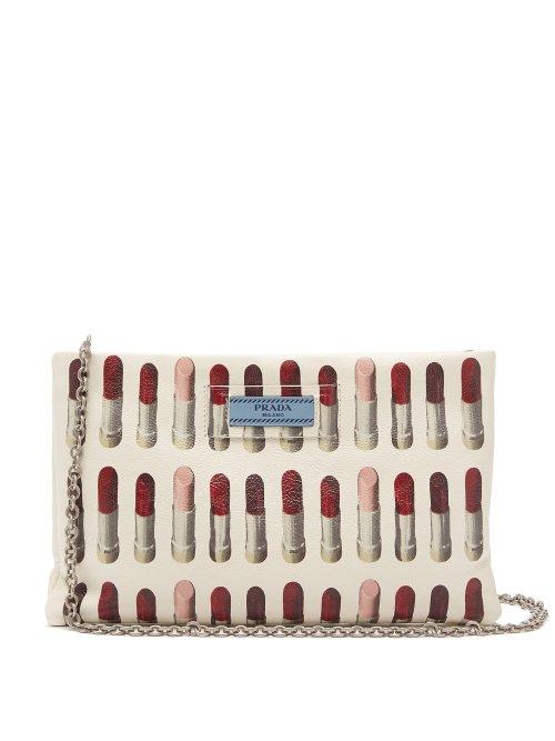 Matchesfashion.com Prada - Lipstick Print Leather Clutch - Womens - White Multi