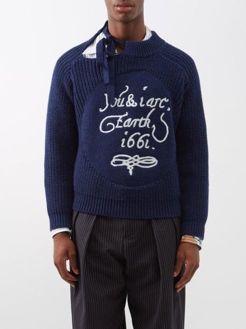 S.s. Daley - You & I Are Earth-embroidered Merino Sweater - Mens - Navy Cream