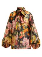 Matchesfashion.com Dolce & Gabbana - Floral Print Silk Chiffon Tie Neck Blouse - Womens - Black Multi