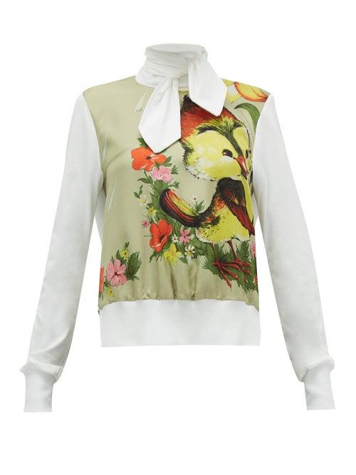 Matchesfashion.com Symonds Pearmain - Bird Print Tie Neck Cotton Top - Womens - White Multi