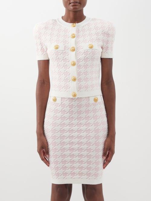 Balmain - Houndstooth-jacquard Jersey Cardigan - Womens - Pink White