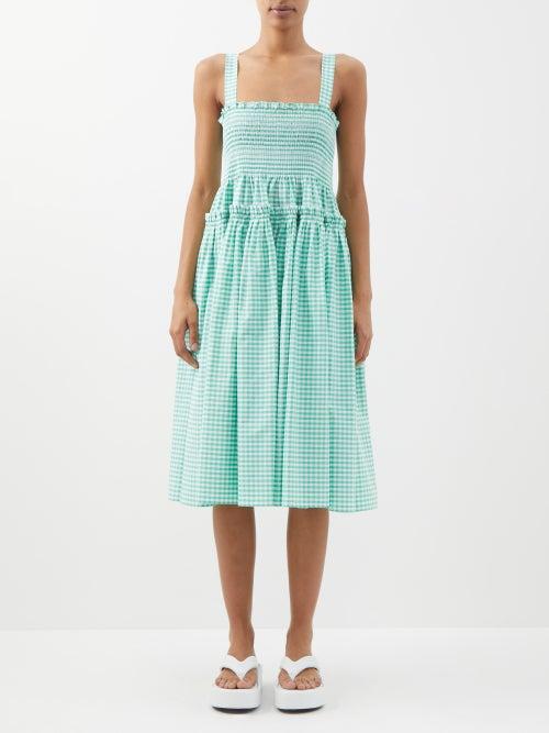 Molly Goddard - Smocked Gingham Cotton Midi Dress - Womens - White Green