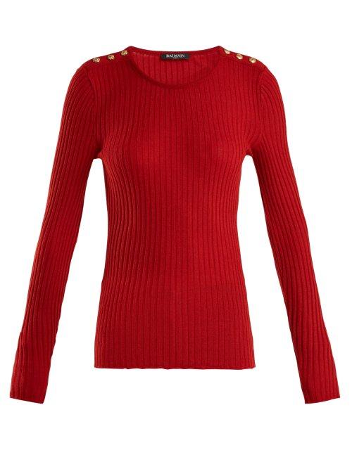 Matchesfashion.com Balmain - Ribbed Knit Wool Blend Top - Womens - Red