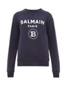 Matchesfashion.com Balmain - Flocked Logo Cotton Sweatshirt - Mens - Navy