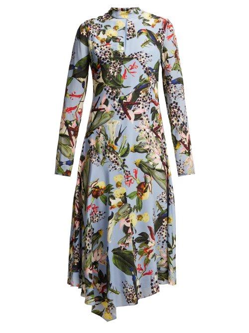 Matchesfashion.com Erdem - Sinclaire Facette Dream Bird Print Silk Midi Dress - Womens - Blue Multi