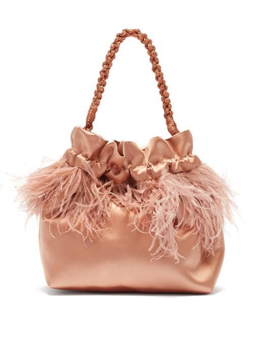 Matchesfashion.com Montunas - Ostrich Feather-trimmed Satin Drawstring Pouch - Womens - Pink