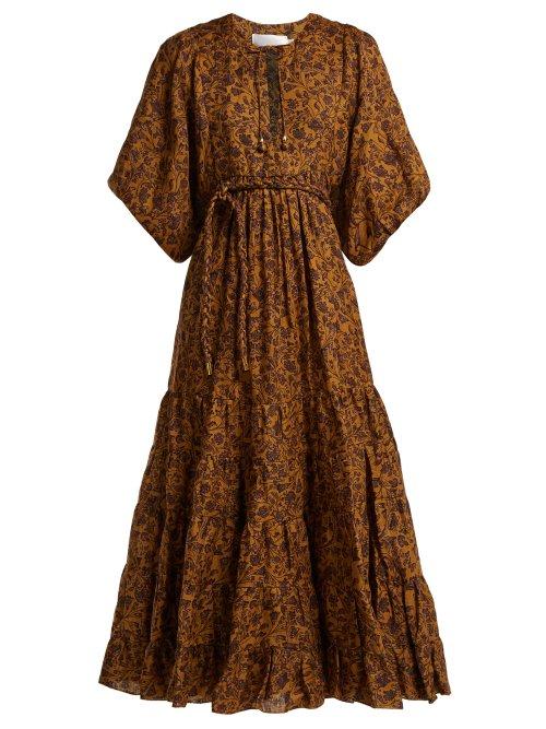 Matchesfashion.com Zimmermann - Juniper Floral Print Linen Midi Dress - Womens - Gold Multi