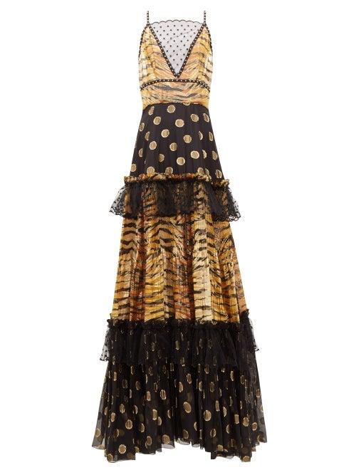Matchesfashion.com Dundas - Mesh-insert Zebra Polka-dot Fil-coup Tiered Gown - Womens - Black Gold