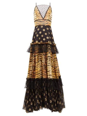 Matchesfashion.com Dundas - Mesh-insert Zebra Polka-dot Fil-coup Tiered Gown - Womens - Black Gold
