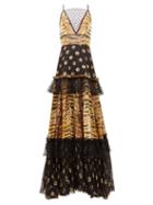 Matchesfashion.com Dundas - Mesh-insert Zebra Polka-dot Fil-coup Tiered Gown - Womens - Black Gold