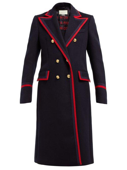Matchesfashion.com Gucci - Grosgrain Trim Double Breasted Wool Blend Coat - Womens - Navy Multi