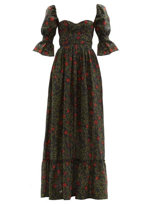 Matchesfashion.com Agua By Agua Bendita - Cedro Puff-sleeved Floral-print Linen Maxi Dress - Womens - Black Print