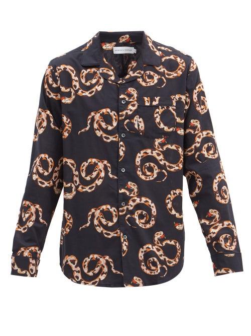 Matchesfashion.com Desmond & Dempsey - The Kaa Snake-print Cotton Pyjama Shirt - Mens - Navy Multi