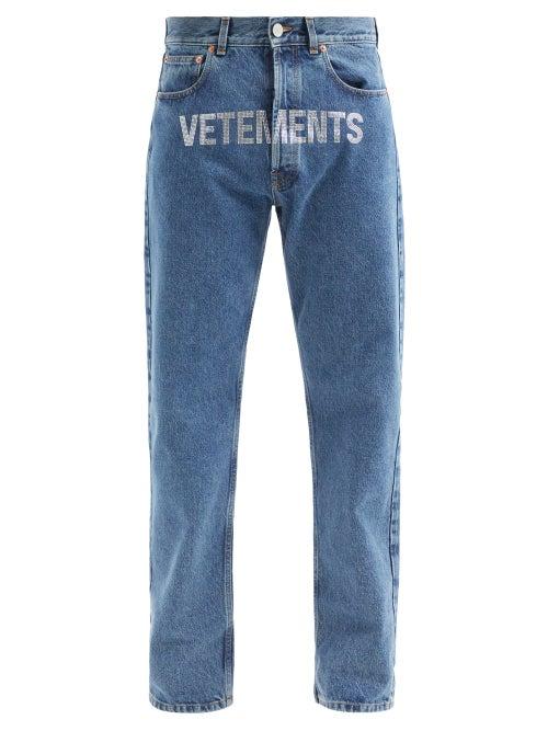 Matchesfashion.com Vetements - Crystal-logo Straight-leg Jeans - Mens - Blue