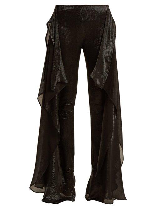 Matchesfashion.com Paula Knorr - Relief High Rise Ruffled Silk Blend Lam Trousers - Womens - Black