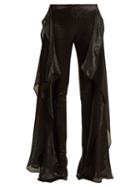 Matchesfashion.com Paula Knorr - Relief High Rise Ruffled Silk Blend Lam Trousers - Womens - Black