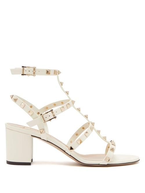 Matchesfashion.com Valentino - Rockstud Block Heel Leather Sandals - Womens - Cream