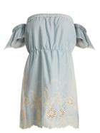 Matchesfashion.com Athena Procopiou - Gypset Off The Shoulder Cotton Mini Dress - Womens - Light Blue