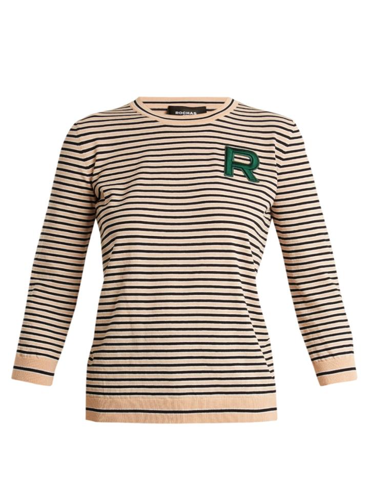 Rochas Striped Crew-neck Logo Knit Sweater