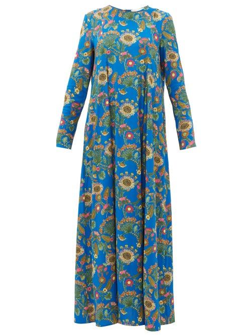 Matchesfashion.com La Doublej - Trapezio Thistle-print Crepe Dress - Womens - Blue Print